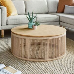 round teak wood coffee table with rope made indonesia