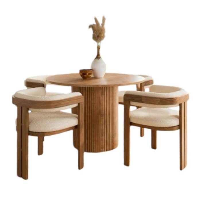 Dining table round teak with chair furniture indonesia set