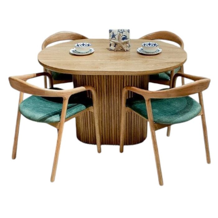 dining table round teak wood and 4 chair with green leather set