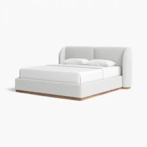 Aleya Modern White Bouclé Platform Bed Frame with Wood Plinth Base
