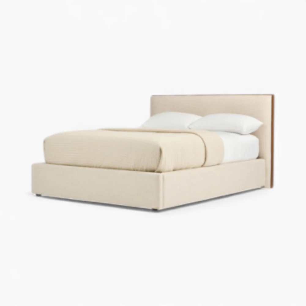 Bologna Neutral Linen Bed Frame with Wood Accent