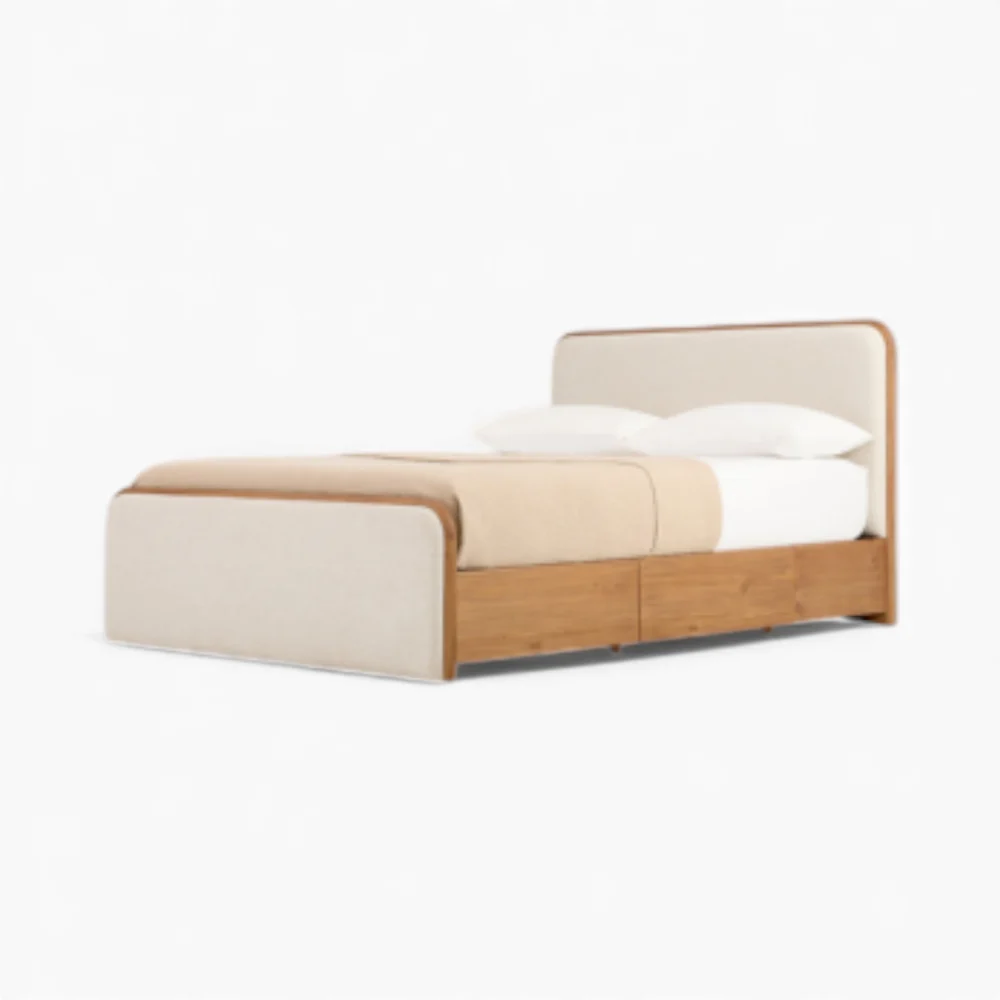 Caelus Contemporary Upholstered Storage Bed with Natural Wood Drawers