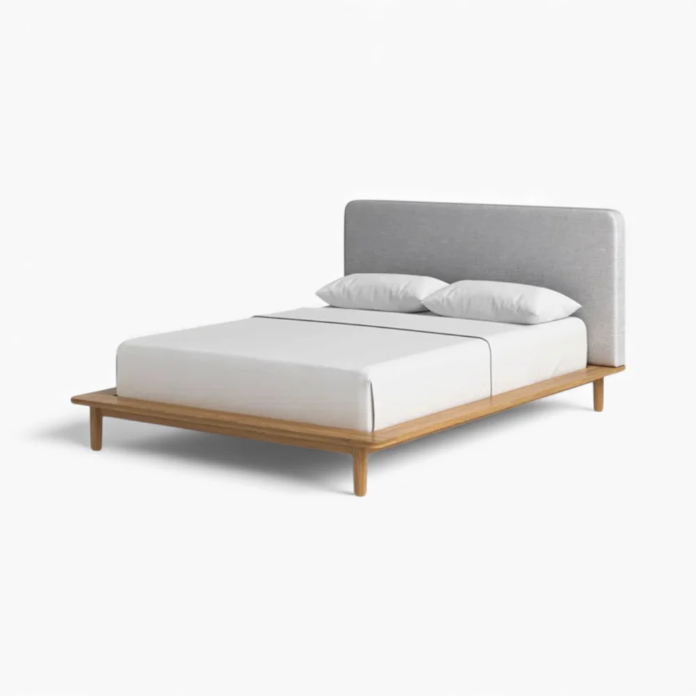 Frey Scandinavian Wood Bed with Upholstered Headboard