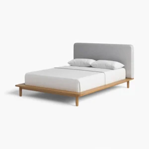 Frey Scandinavian Wood Bed with Upholstered Headboard