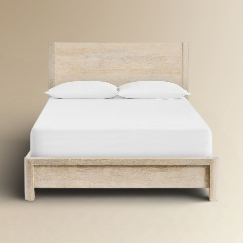 Cameroon minimalist whitewashed Teak platform bed with a tall paneled headboard and light wood finish.