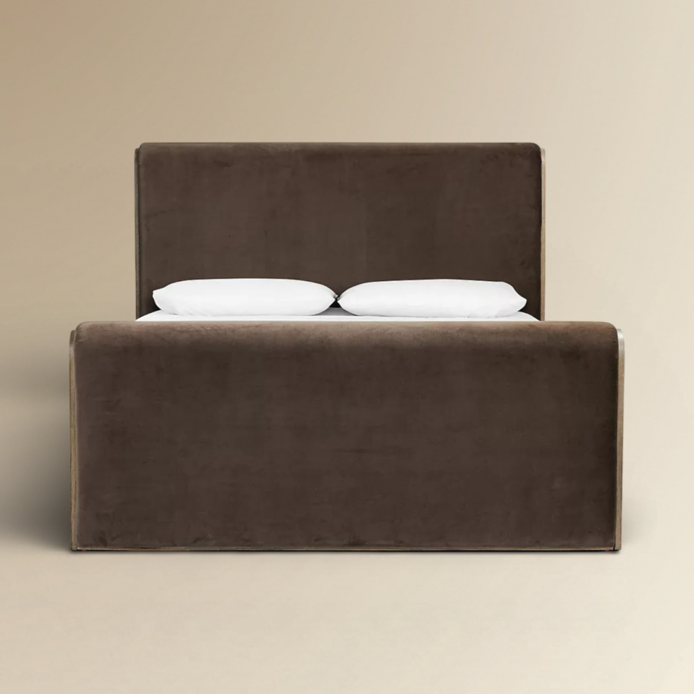 Porto modern velvet and oak bed frame with a chocolate-toned upholstered headboard and footboard.
