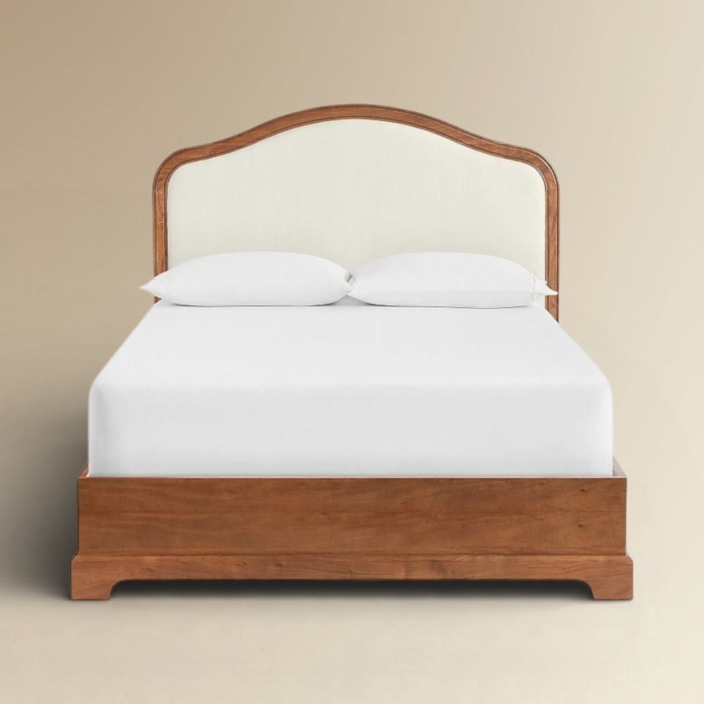 Santoriny traditional French Provincial bed frame with an ivory upholstered camelback headboard and oak wood finish.